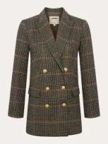 L Agence Aimee Relaxed Double Breast Blazer Tan/teal Plaid