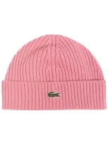 Lacoste Logo-embroidered Knit Hat In Pink