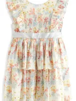 Laura Ashley Babies'  Kids' Smocked Flutter Sleeve Tiered Cotton Dress In Ivory/coral Floral