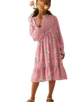 Laura Ashley Kids' Smocked Long Sleeve Midi Dress In Pink Floral