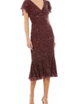 Mac Duggal Sequined V Neck Flutter Cap Sleeve Trumpet Dress In Garnet