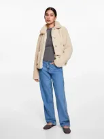 Mango Teen Fur-effect Jacket With Pockets Ecru In Écru