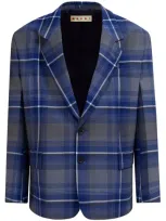 Marni Logo-embroidered Plaid Blazer In Blue