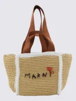 Marni Natural And White Raffia Tote Bag In Beige