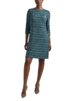 Misook Metallic Tweed Shift Sweater Dress In Spruce/black/new Ivory