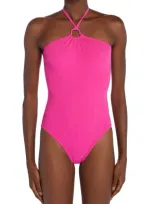 Moncler Ribbed Halter One-piece Swimsuit In Pink