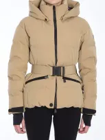 Moncler Tolima Belted Hooded Quilted Down Ski Jacket In Nude & Neutrals