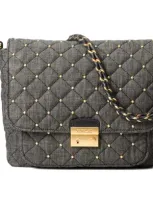 Mz Wallace Medium Crosby Lock Quilted Denim Crossbody Bag In True Charcoal Denim/gold