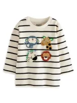 Next Kids' Animal Appliqué Stripe Long Sleeve Cotton Graphic T-shirt In Brown