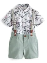 Next Kids' Floral Button-up Shirt, Shorts & Suspenders Set In Blue