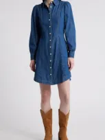 Pendleton Puff Shoulder Long Sleeve Chambray Dress In Medium Blue