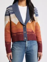 Pendleton Western Scenic Jacquard Cotton Cardigan In Blue/rust Multi