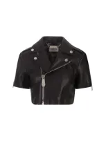 Philipp Plein Black Leather Cropped Biker Short Sleeve Jacket