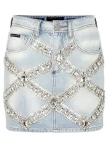 Philipp Plein Denim Brooch Mini-skirt In Multi