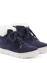 Pom D'api Kids' Start Top Faux Fur-trimmed Suede Sneakers In Blue