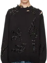 R13 Black Slashed Boyfriend Sweater In Black With Pins