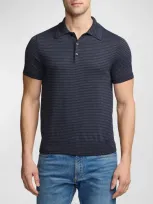 Ralph Lauren Purple Label Men's Striped Silk-cotton Polo-collar Sweater In Dark Melange Blue