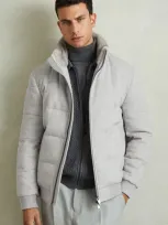 Reiss Soft Grey Melange Farid Quilted Wool Blend Herringbone And Faux Fur Jacket