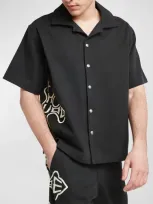 Rhude Camp-collar Logo-print Cotton-twill Shirt In Black