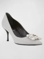 Roger Vivier Glitter Fabric Flower-crystal Buckle Pumps In Silver