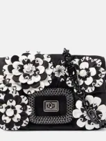 Roger Vivier Viv' Choc Floral-appliqué Satin Crossbody Bag In Black