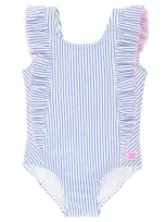 Rufflebutts Kids' Girls Seersucker Waterfall One Piece In Periwinkle Blue Seersucker