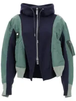 Sacai Hybrid Sweatshirt With Zip And Hood In Navy×b/khaki (blue)