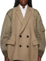 Sacai Khaki & Beige Wool Melton & Nylon Twill Quilted Coat In 663 Beige