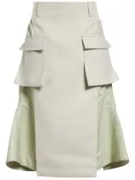 Sacai Mixed Media Midi Skirt In Ecru Green