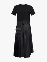 Sacai Mixed Media Belted Dress In Black