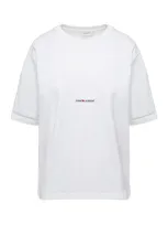 Saint Laurent Basic White T-shirt With Miiddle Logo Print In Cotton Woman