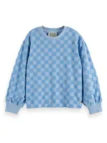 Scotch & Soda Kids' Checkerboard Velour Sweatshirt In Pacific Blue