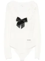 Shushu-tong Shushu/tong Bow Ruffle Neck Long Sleeve Rib Bodysuit In White