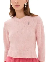 Simone Rocha Cropped V Neck Alpaca Knit Sweater Rose/lt Rose In Rose+light Rose