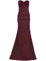 Tadashi Shoji Kohli Strapless Lattice Embroidered Gown In Cinnamon