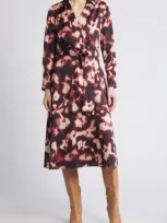 Tahari Asl Long Sleeve Faux Wrap Shirtdress In Mulberry Black