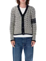 Thom Browne 4-bar Stripes Cable-knit Cardigan In Grey