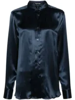 Tom Ford Fluid Charmeuse Pleated Silk Button-front Blouse In Navy Blue