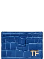 Tom Ford T-line Croc Embossed Leather Card Case In Cornflower