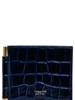 Tom Ford T-line Croc Embossed Leather Money Clip Wallet In Blue