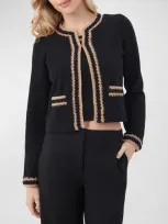 Trina Turk Sinai Crochet-trim Crewneck Cardigan In Black/camel