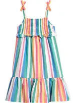 Tucker + Tate Kids' Smocked Tiered Chambray Dress In White- Multi Seashore Stripe