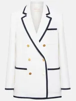 Valentino Garavani Contrast Trim Doubled Breasted Crisp Tweed Blazer In White