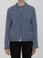 Valentino Frayed Edges Tweed Crewneck Jacket With Gold-tone Buttons In Denim Azure White