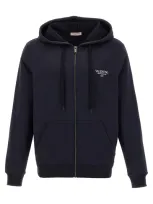 Valentino Cotton Sweatshirt With Hood Zip And Print In Navy White