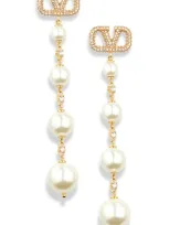 Valentino Garavani Vlogo Imitation Pearl Linear Drop Earrings In Oro 18/cream/crystal Silver