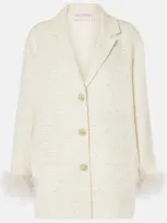 Valentino Mossi Feather-trimmed Tweed Jacket In Weiss