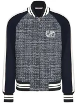 Valentino Tweed Bomber Jacket In White Navy