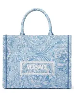 Versace Athena Logo Jacquard Small Tote In Blue