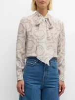 Versace Baroque Print Button-front Shirt With Tie Neck In Concrete Bone